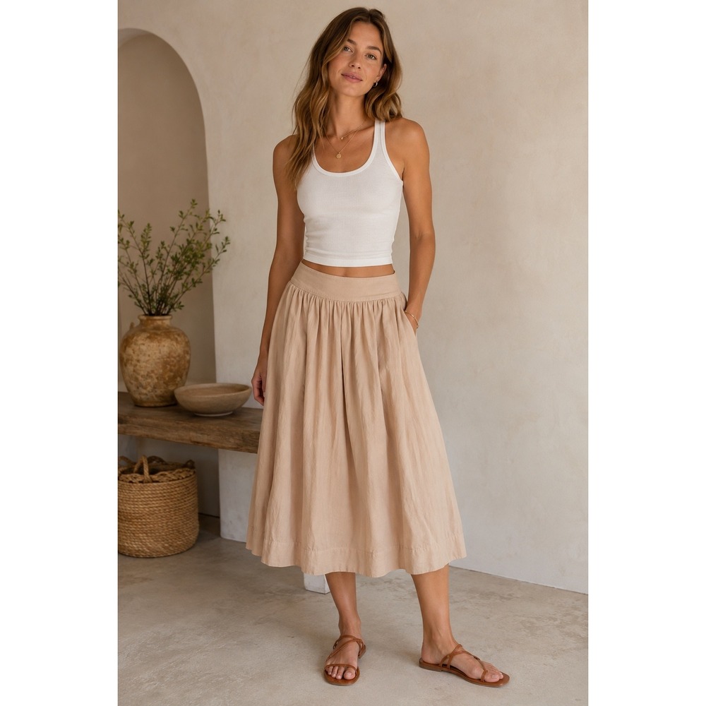 Gap Women Peach Beige Rayon Cotton Blend Gathered Midi Skirt with Pockets Size 8